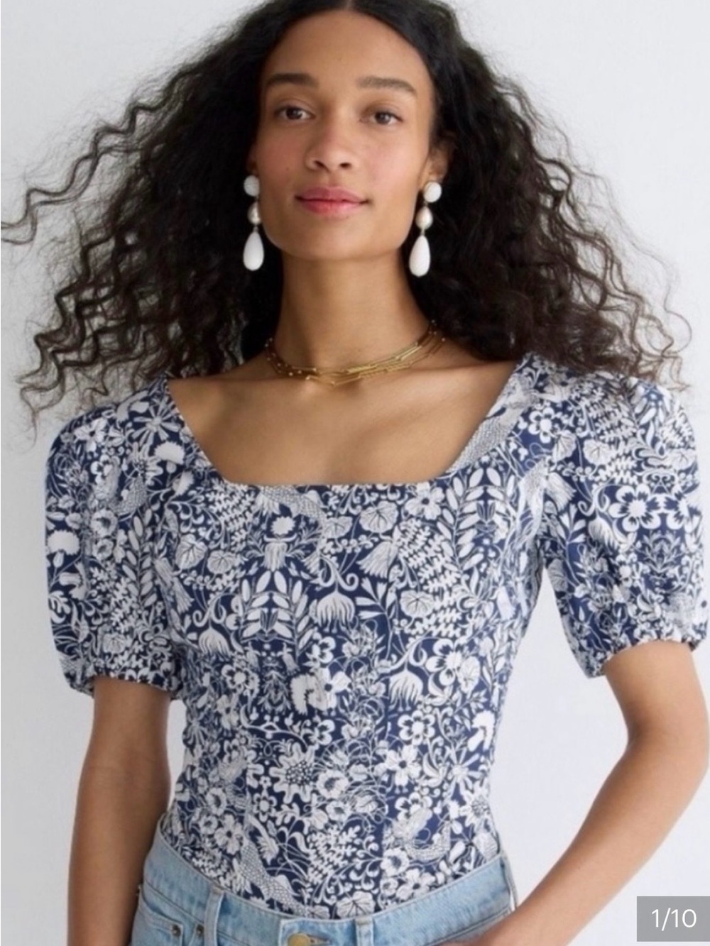 J. Crew Cotton Poplin Puff Sleeve Square Neck Top in Mermaid Floral - Size 12